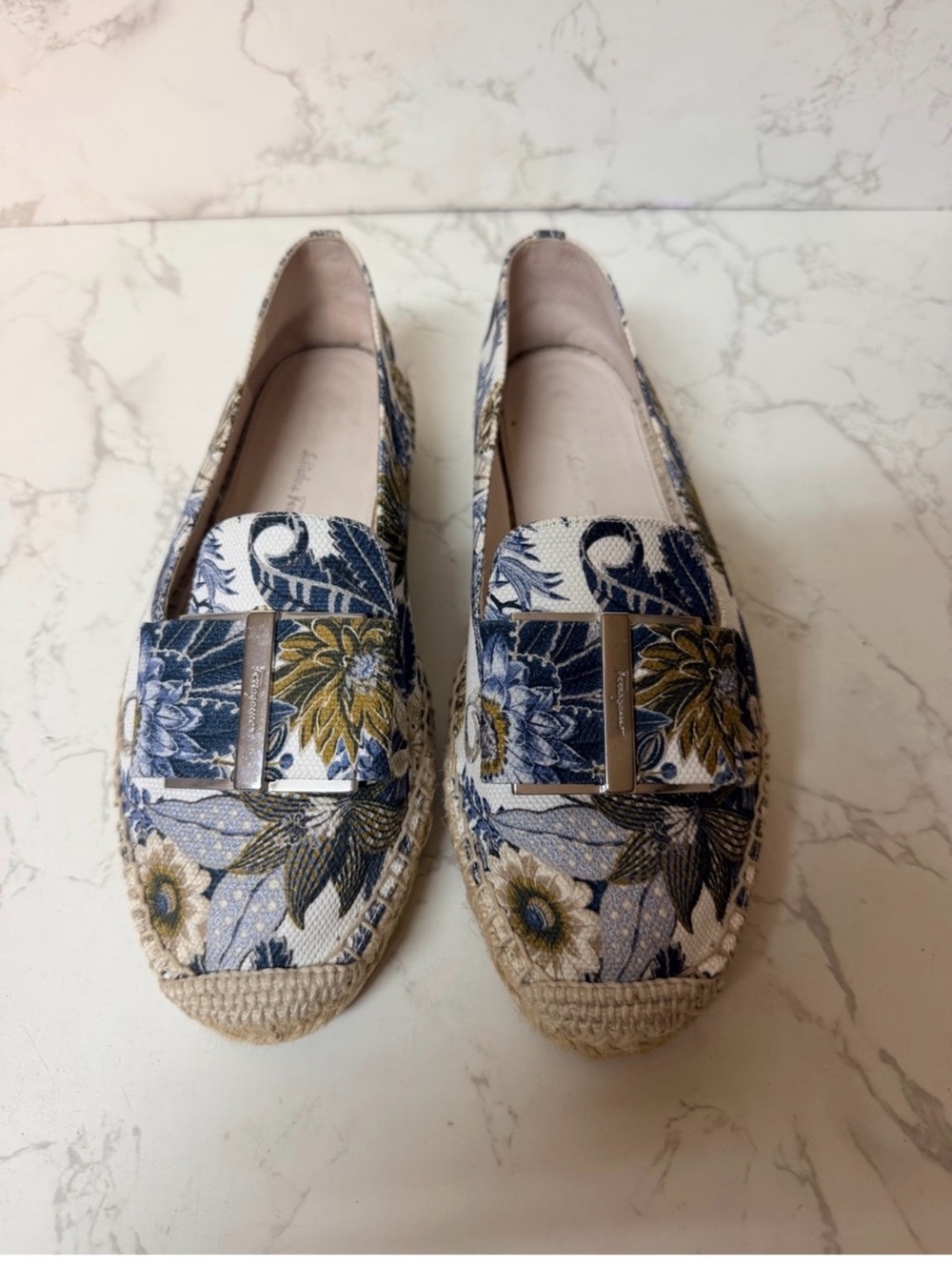 Salvatore Ferragamo Floral Espadrille Mules in Blue & Cream with Gold Accents